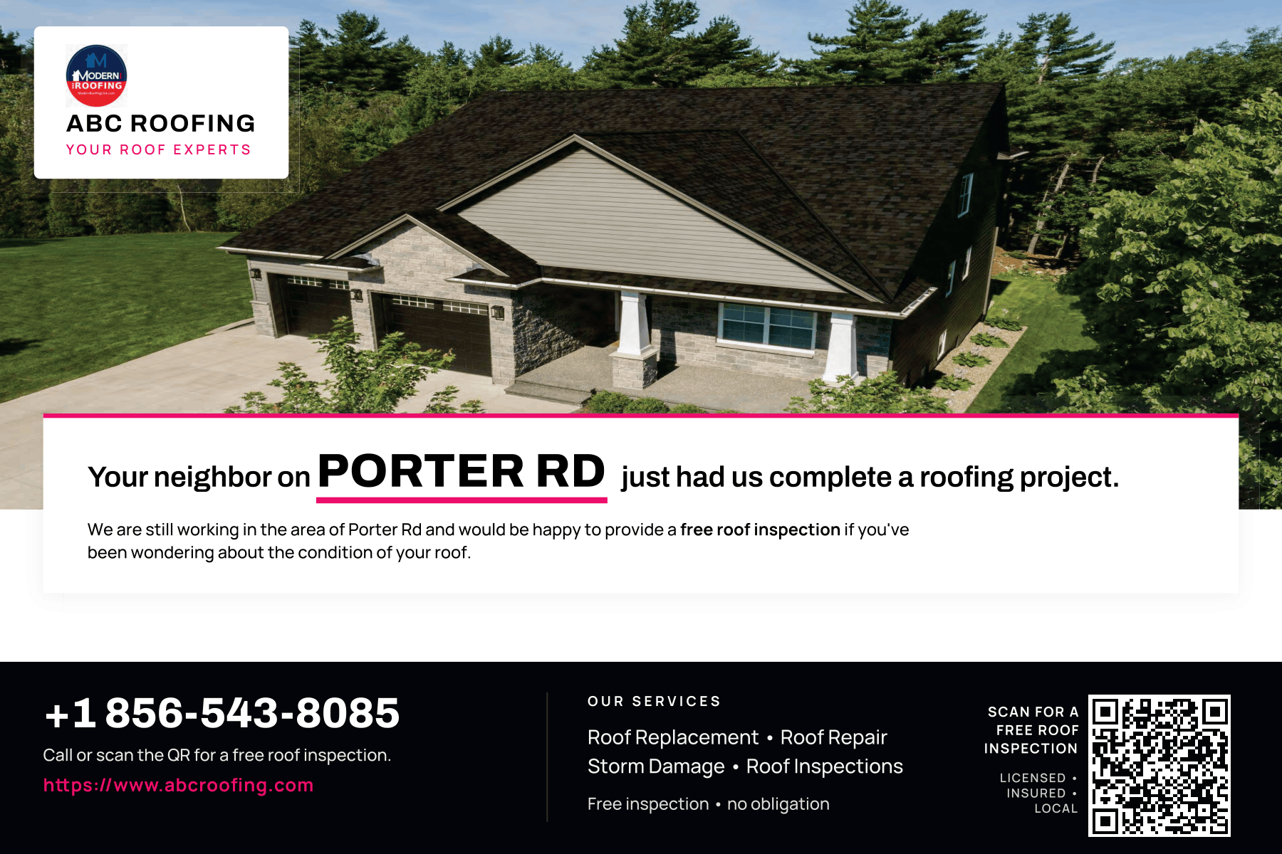 Vicinara neighborhood postcard front for ABC Roofing showing a completed roofing project, the neighbor's street name, services and a tracked QR code